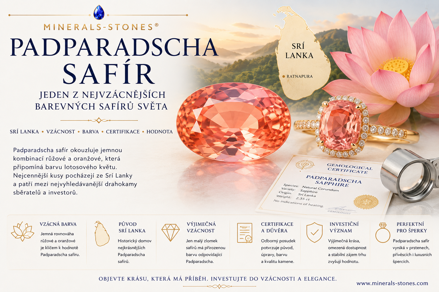 Padparadscha safír: vzácný růžovo-oranžový safír ze Srí Lanky